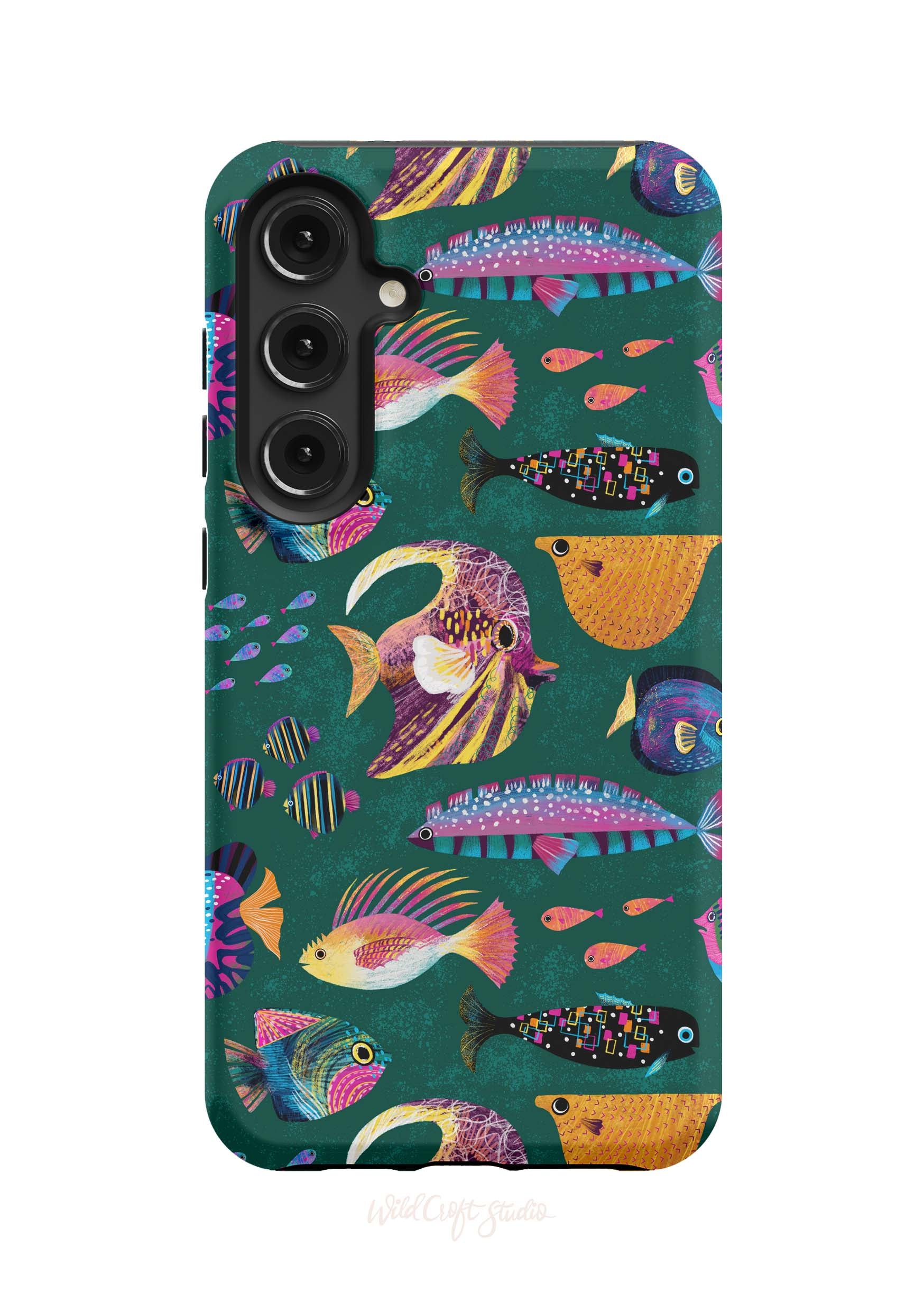 a phone case with colorful fish on a green background