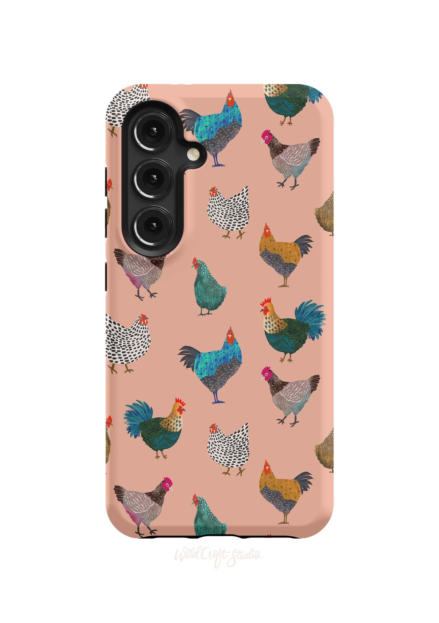 a pink phone case with chickens on it