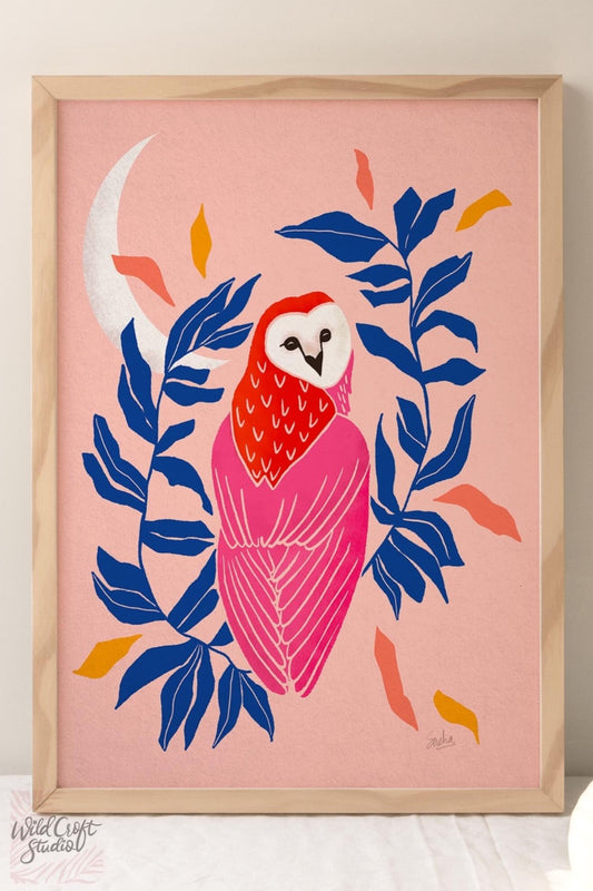 Pink + Blue Owl and Moon Art Print