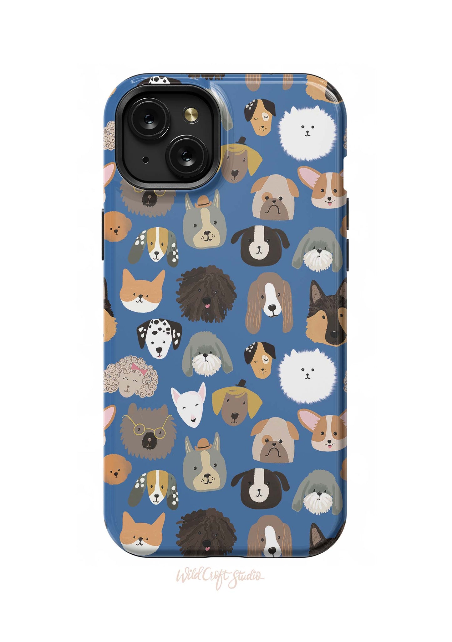 a blue phone case with dogs on it