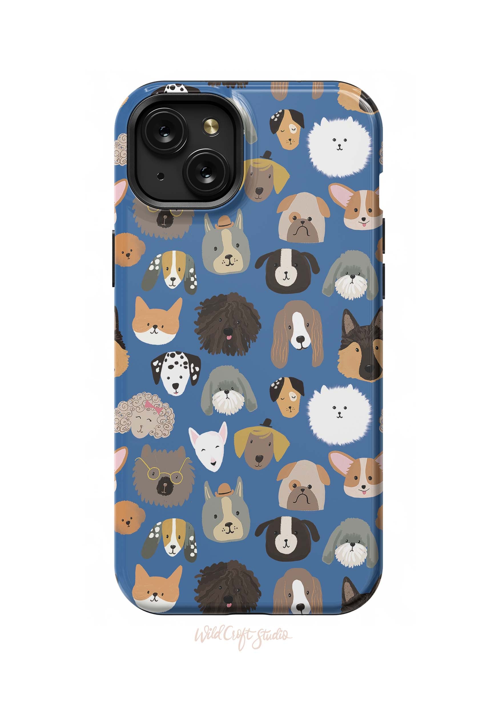 a blue phone case with dogs on it