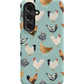 a phone case with chickens on a blue background