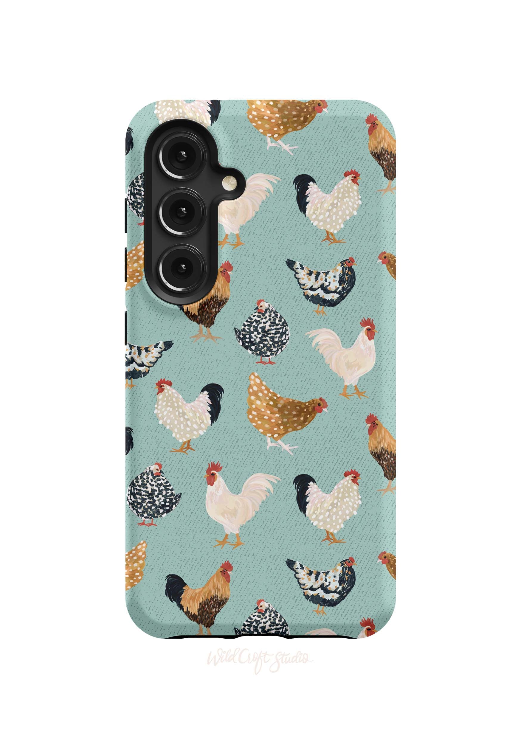 a phone case with chickens on a blue background