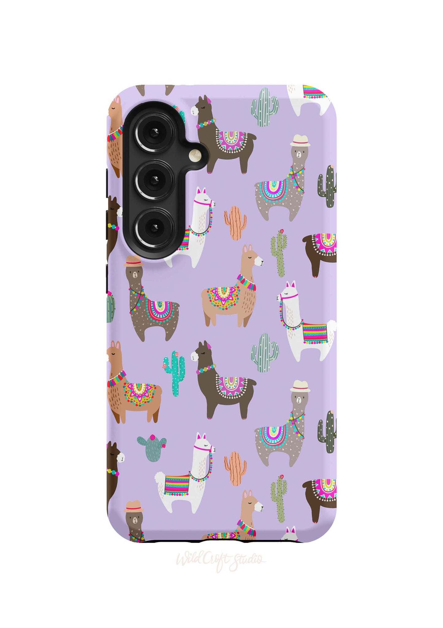 a purple case with llamas and cactuses on it