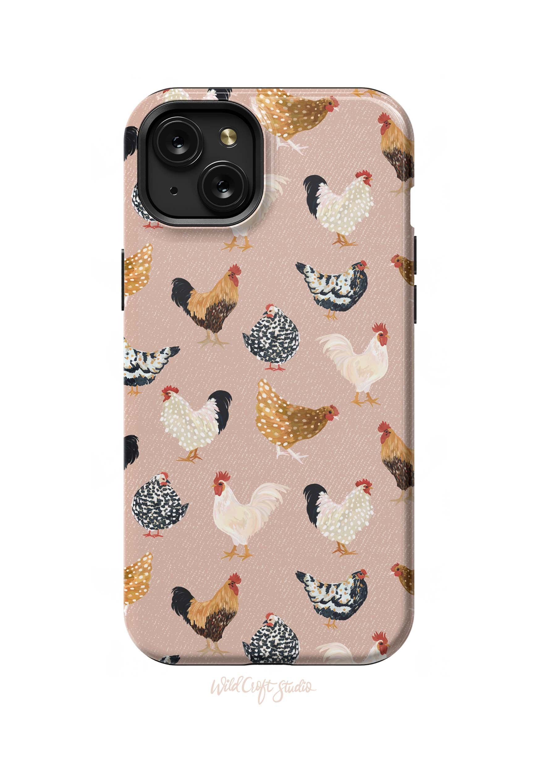 a pink phone case with chickens on it