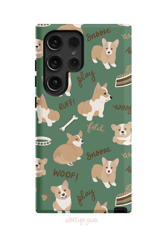 a green phone case with a pattern of corgis