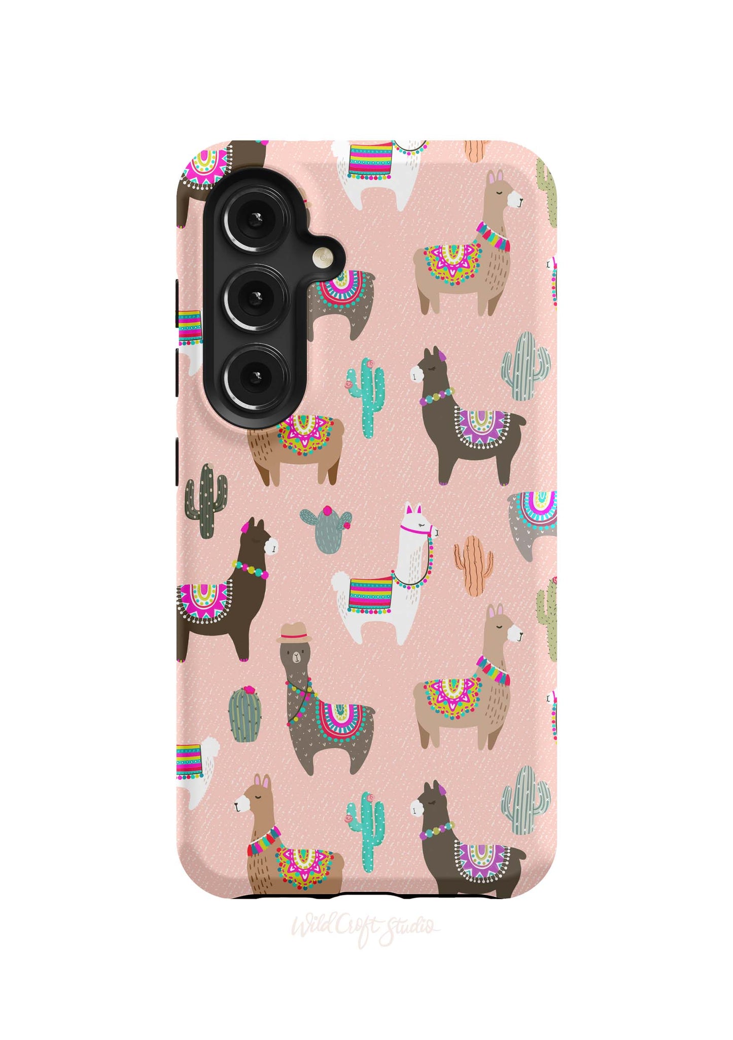 a pink phone case with llamas and cacti on it
