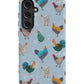 a phone case with chickens on a blue background