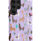 a purple phone case with llamas and cactuses on it