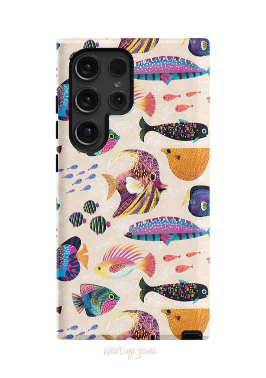 a phone case with colorful fish on it