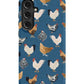 a phone case with chickens on a blue background