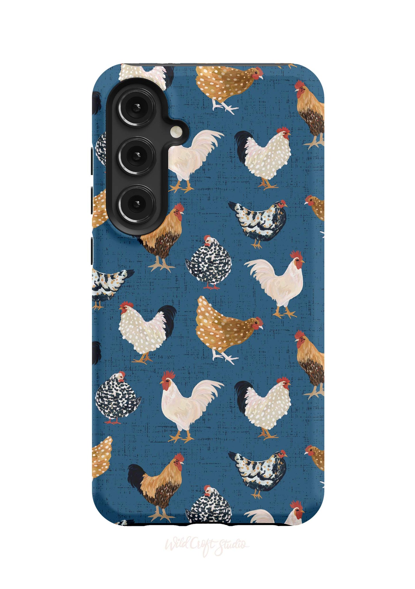 a phone case with chickens on a blue background