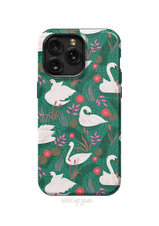 a green phone case with swans on it