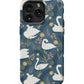 a phone case with swans on a blue background