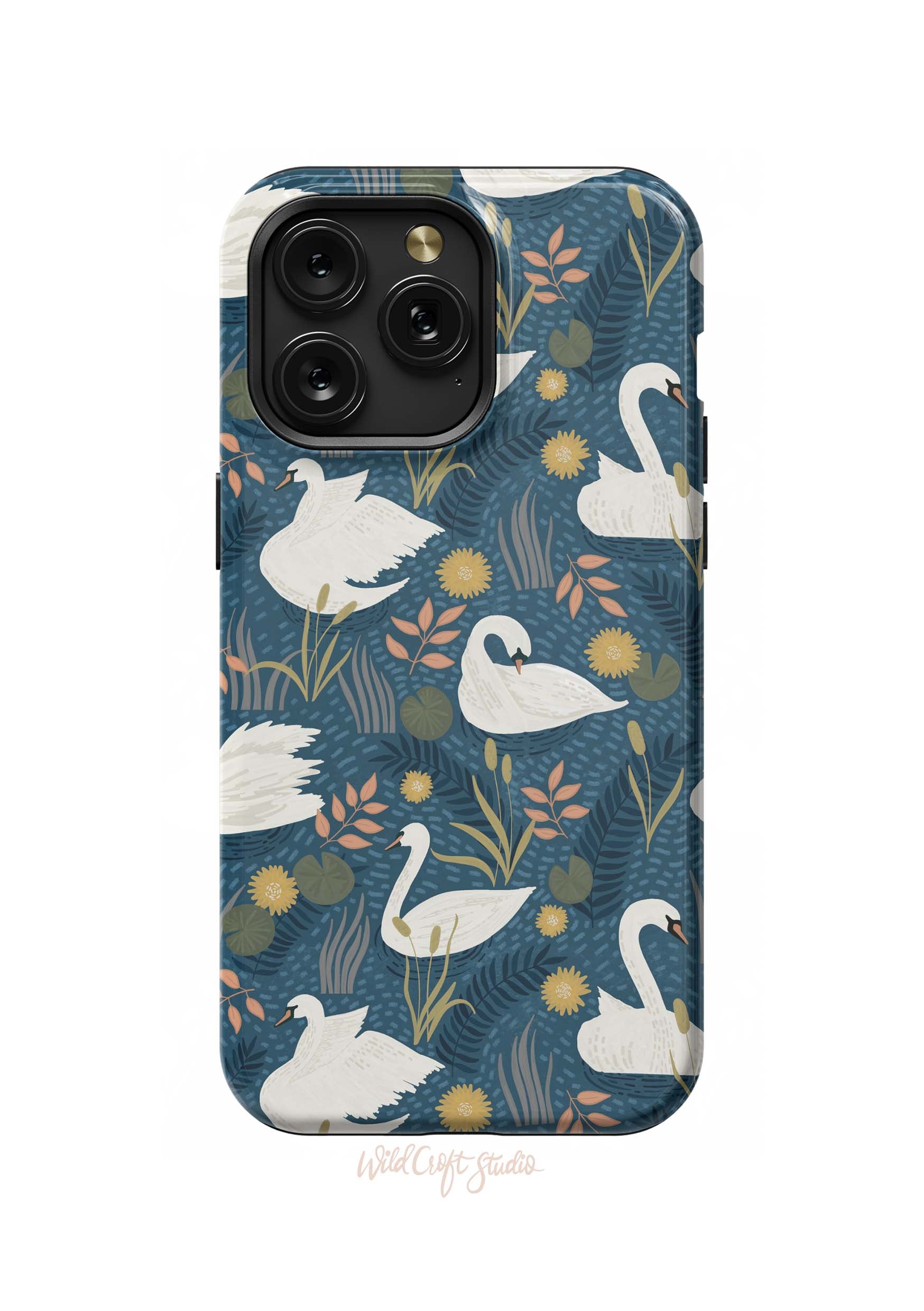 a phone case with swans on a blue background