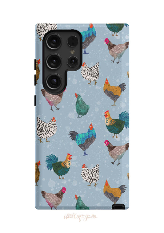 a phone case with a bunch of chickens on it