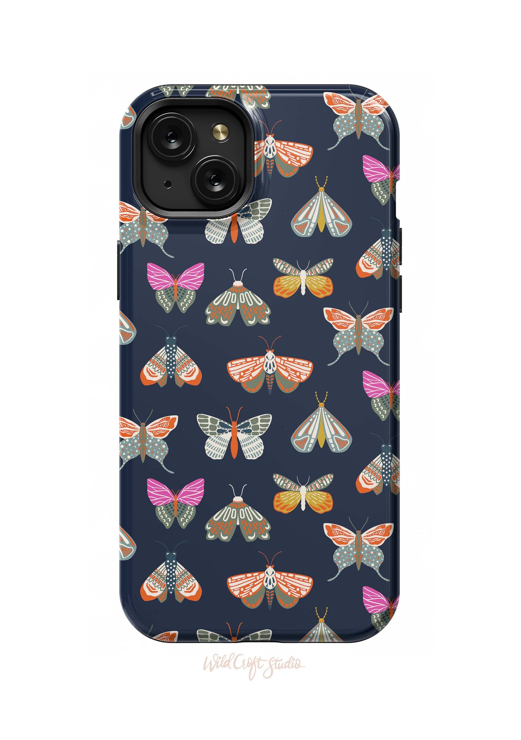 a phone case with moths on it