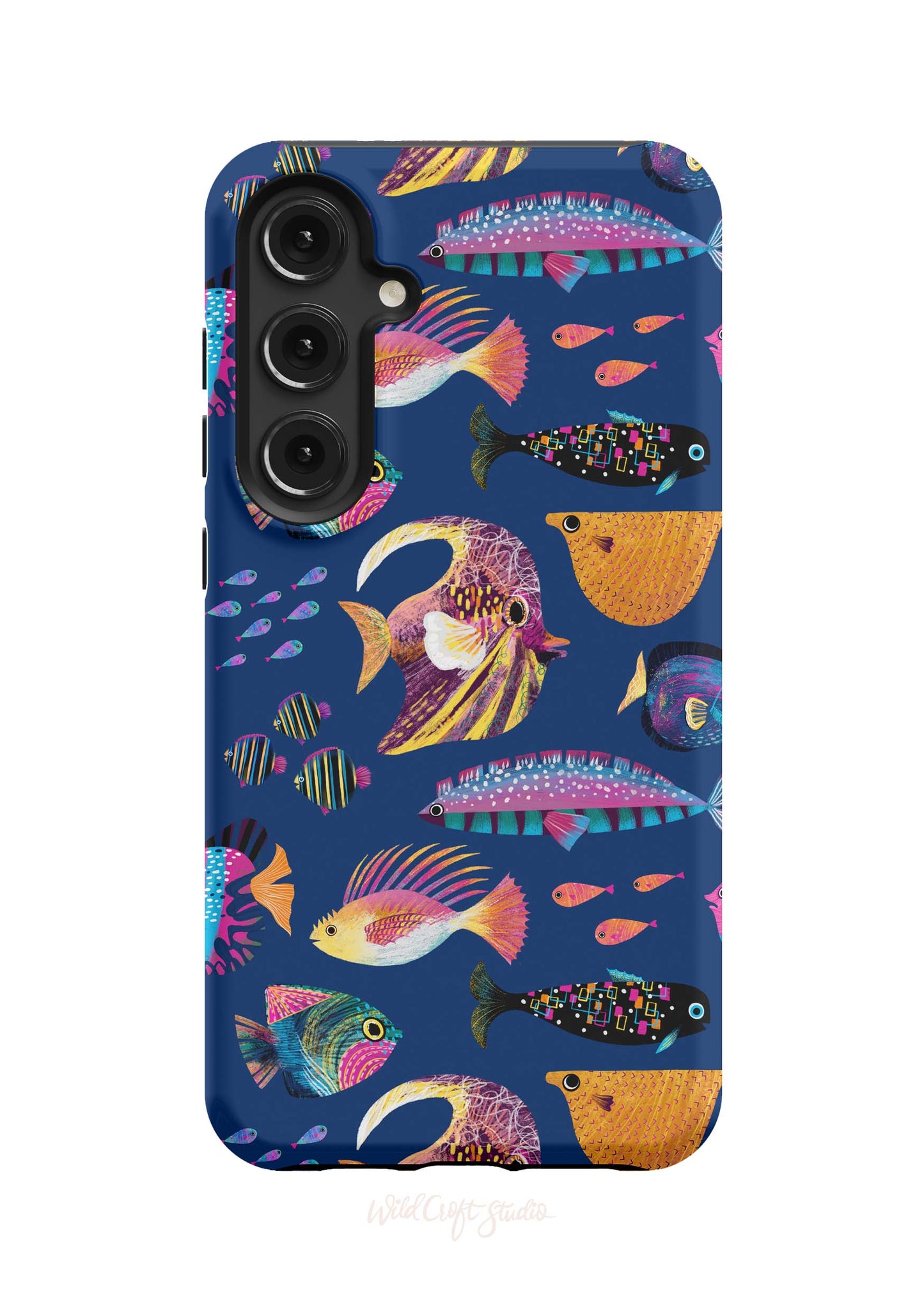 a blue phone case with colorful fish on it
