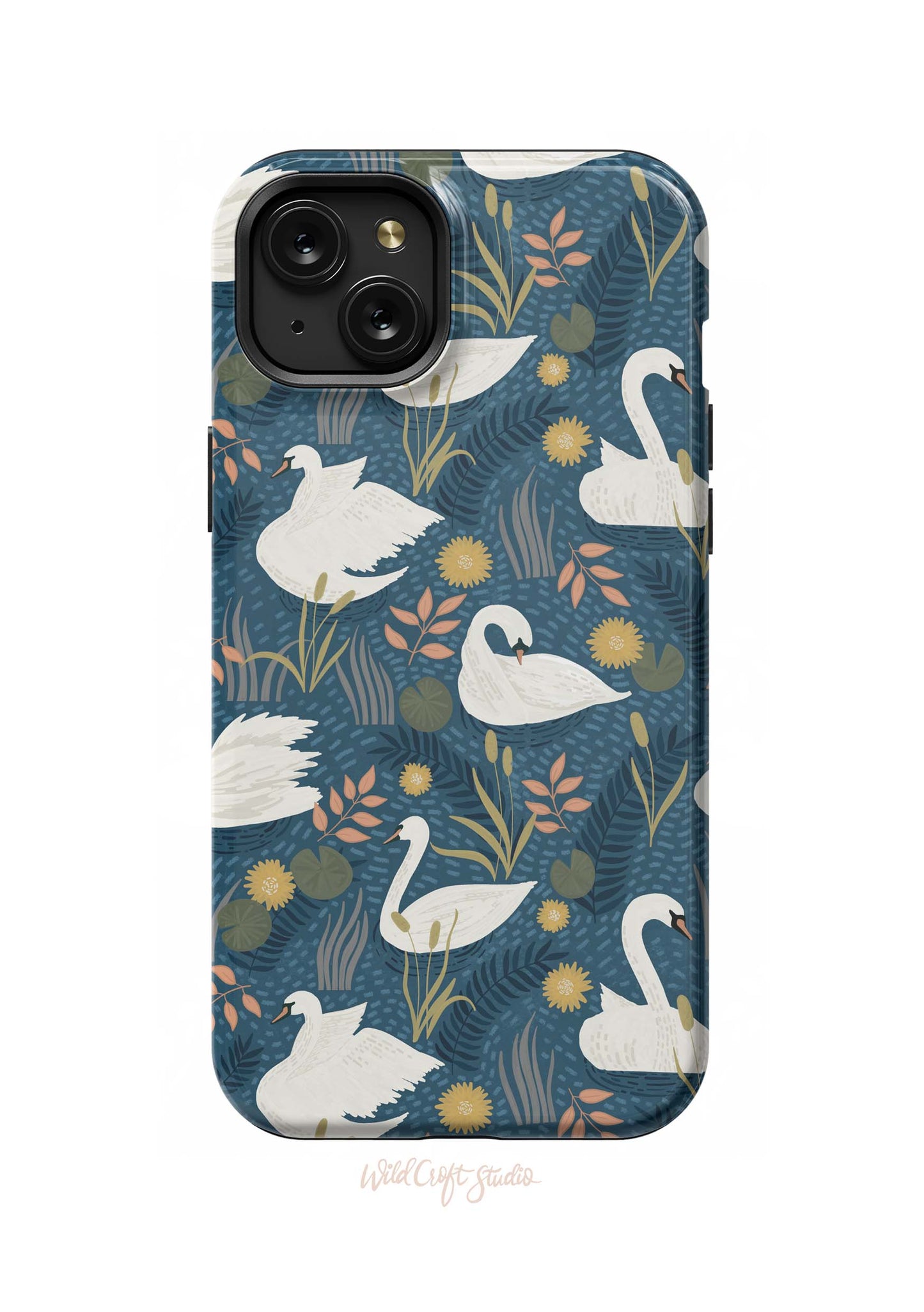 a phone case with swans and flowers on it
