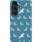 a phone case with a pattern of seagulls on a blue background