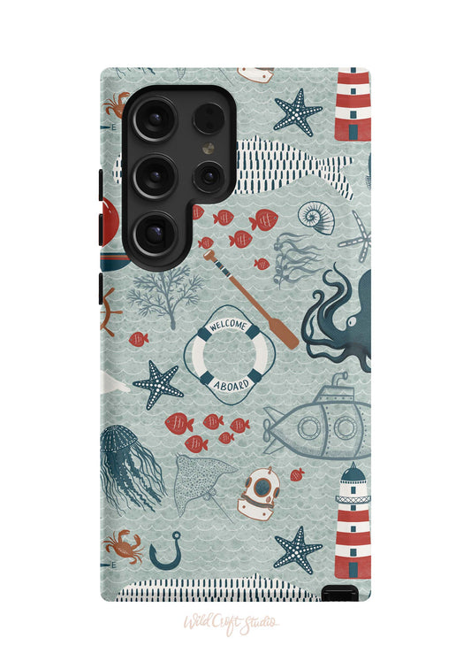 a phone case with a pattern of sea animals
