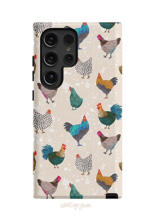 a phone case with chickens and roosters on it