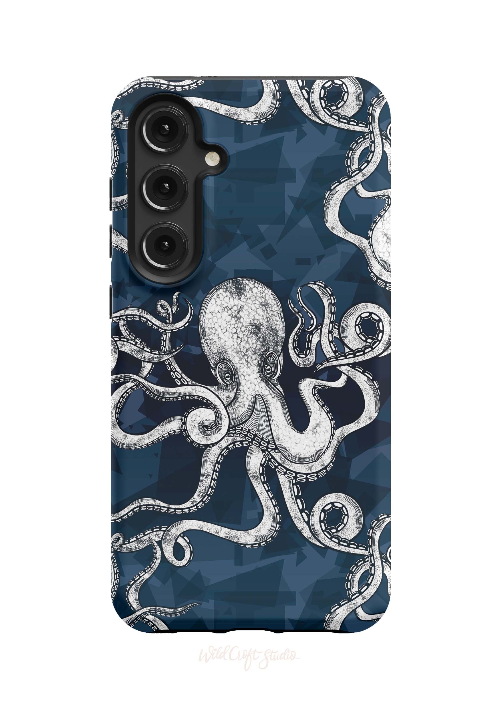 a phone case with an octopus on a blue background