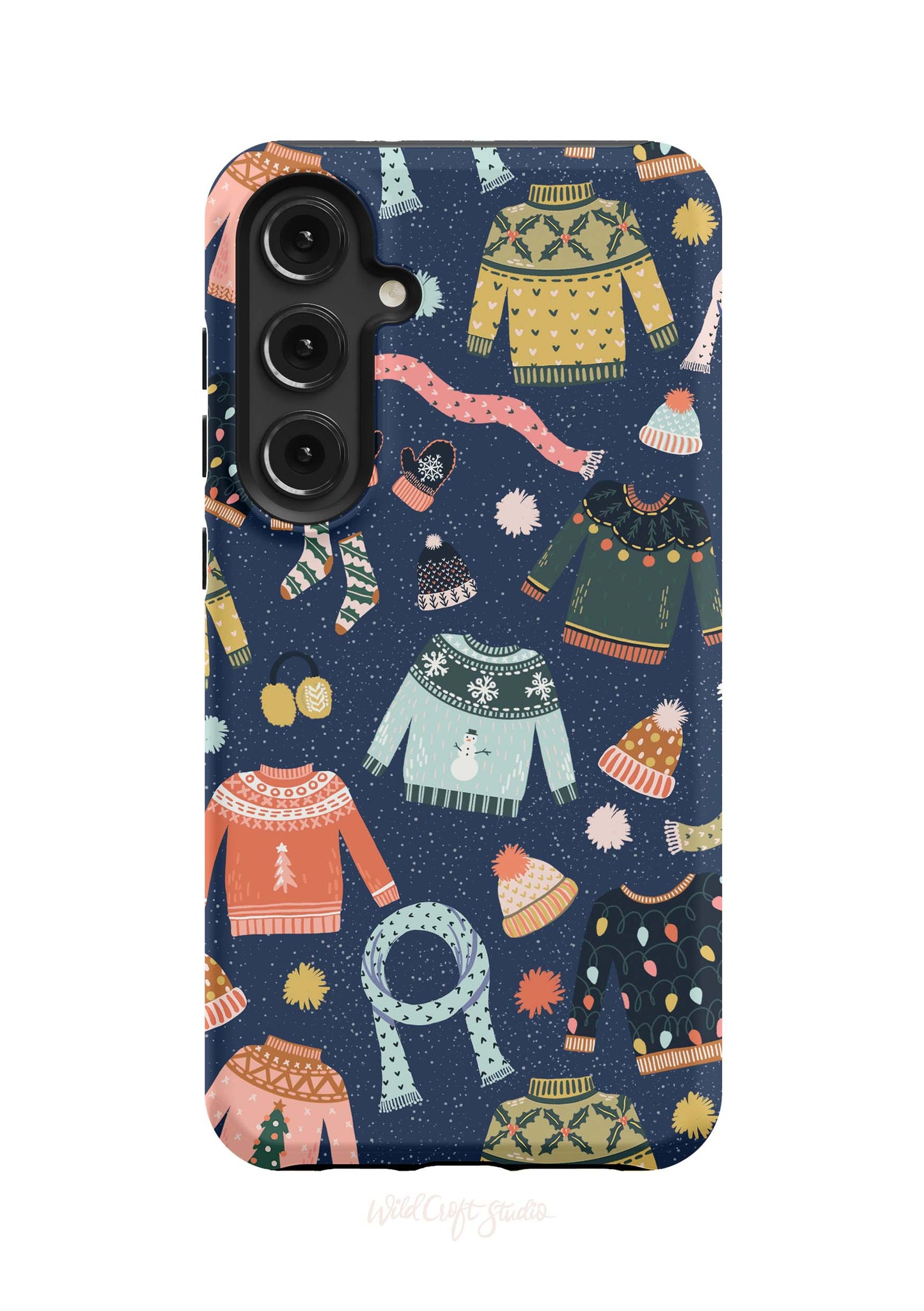 a phone case with a pattern of sweaters and hats