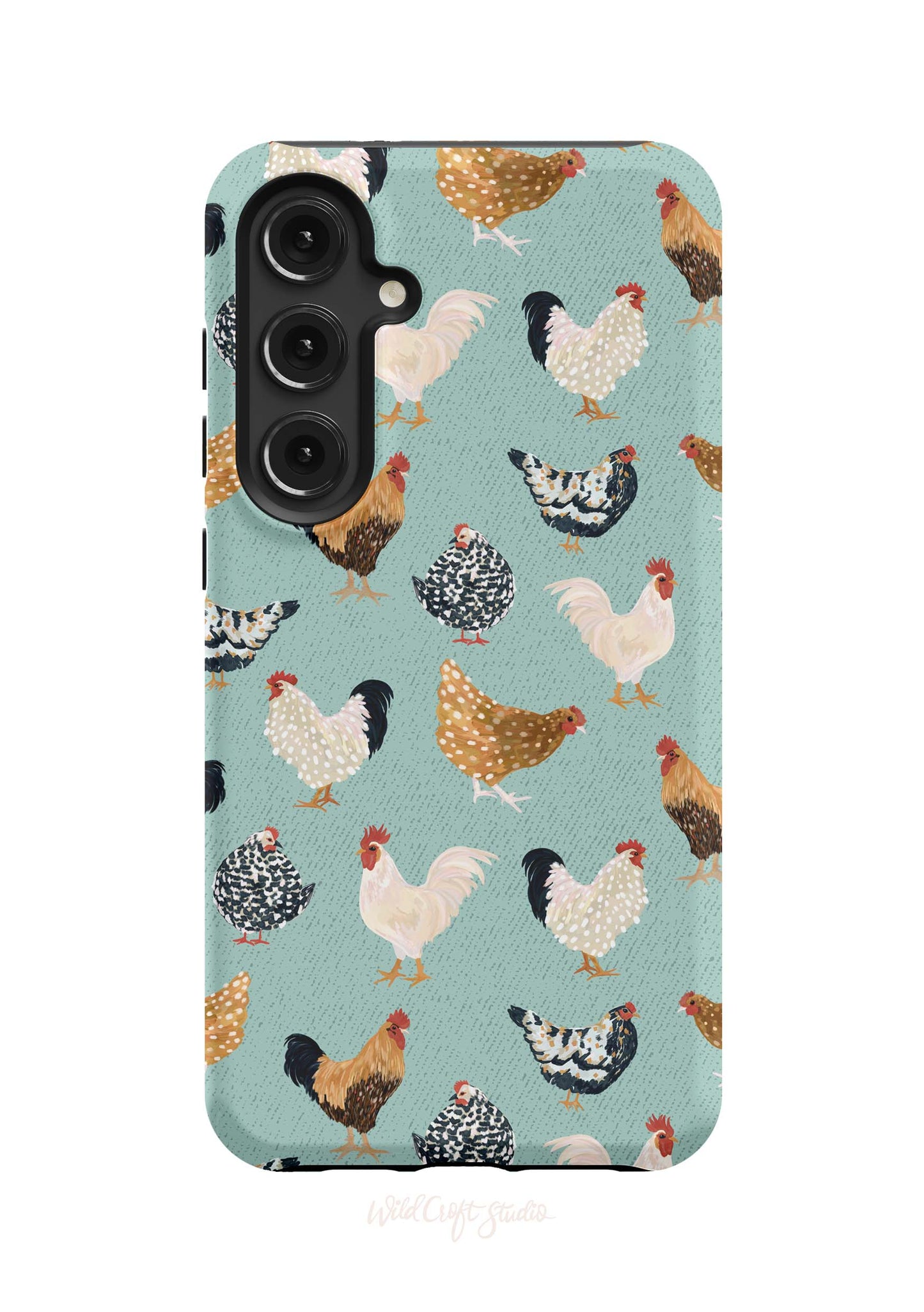 a phone case with chickens on a blue background