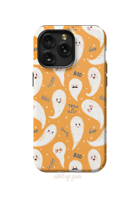 an orange phone case with ghost faces on it
