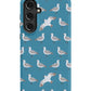 a blue phone case with white birds on it