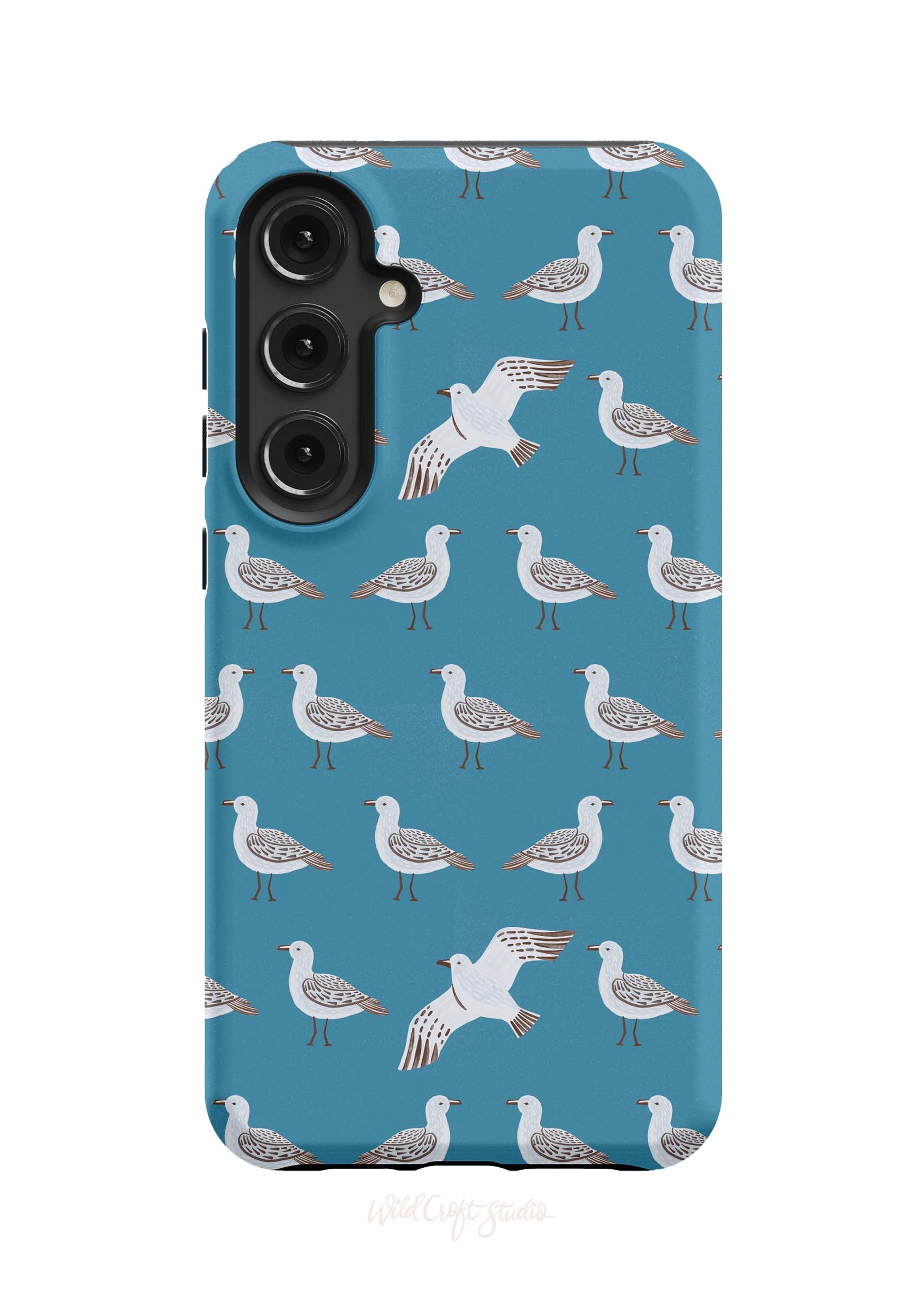 a blue phone case with white birds on it
