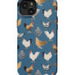 a blue phone case with chickens on it