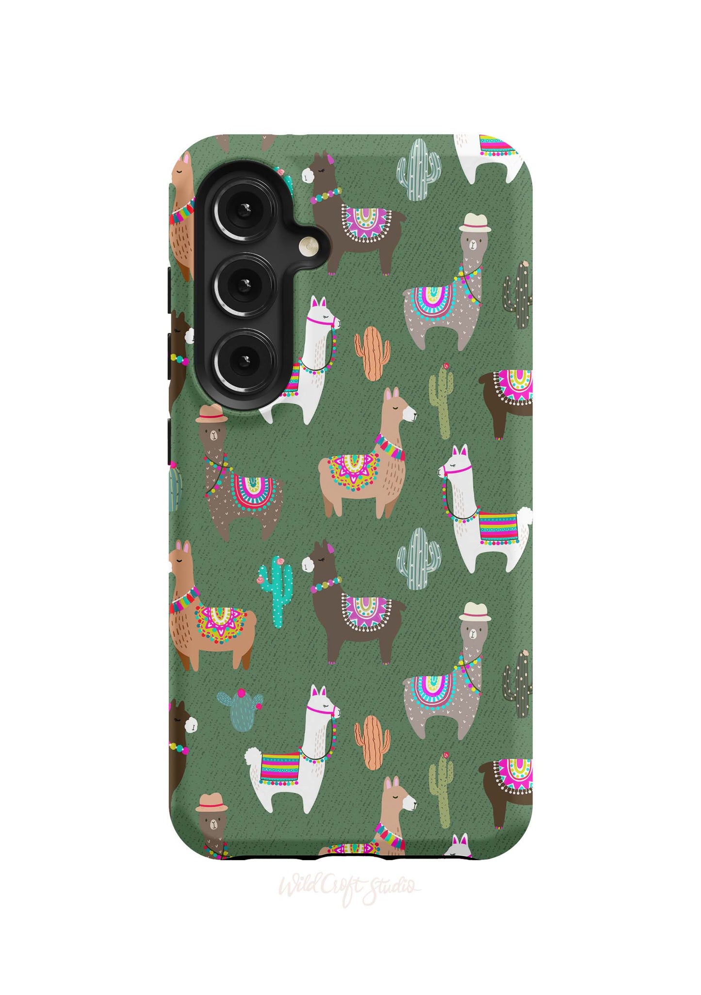 a phone case with a pattern of llamas and cacti