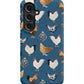 a blue phone case with chickens on it