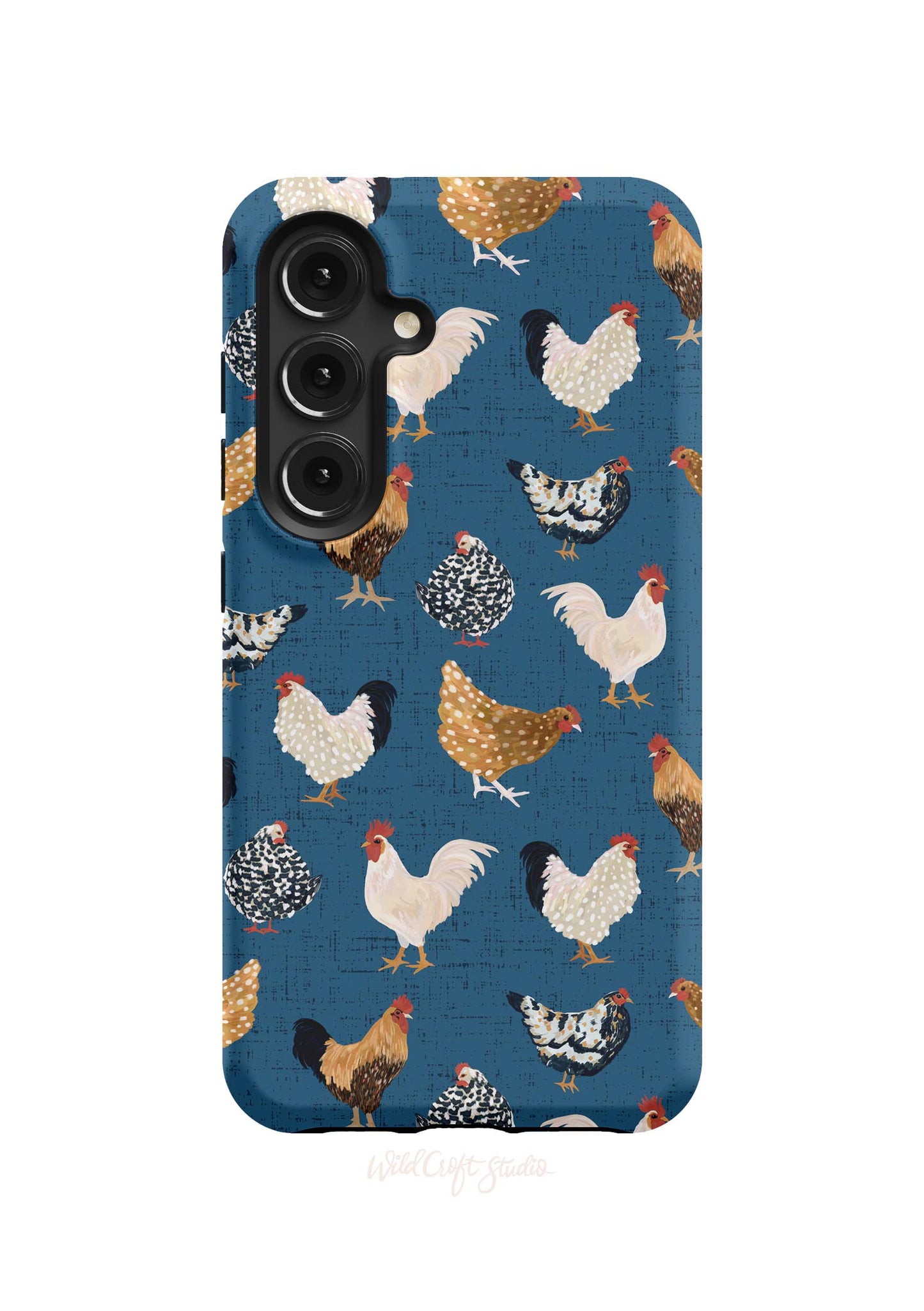 a blue phone case with chickens on it