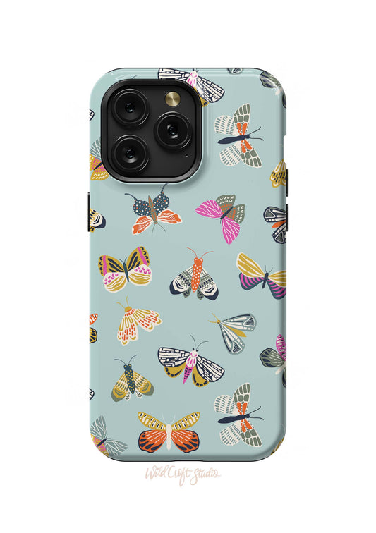 a blue phone case with colorful butterflies on it