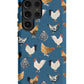 a blue phone case with chickens on it