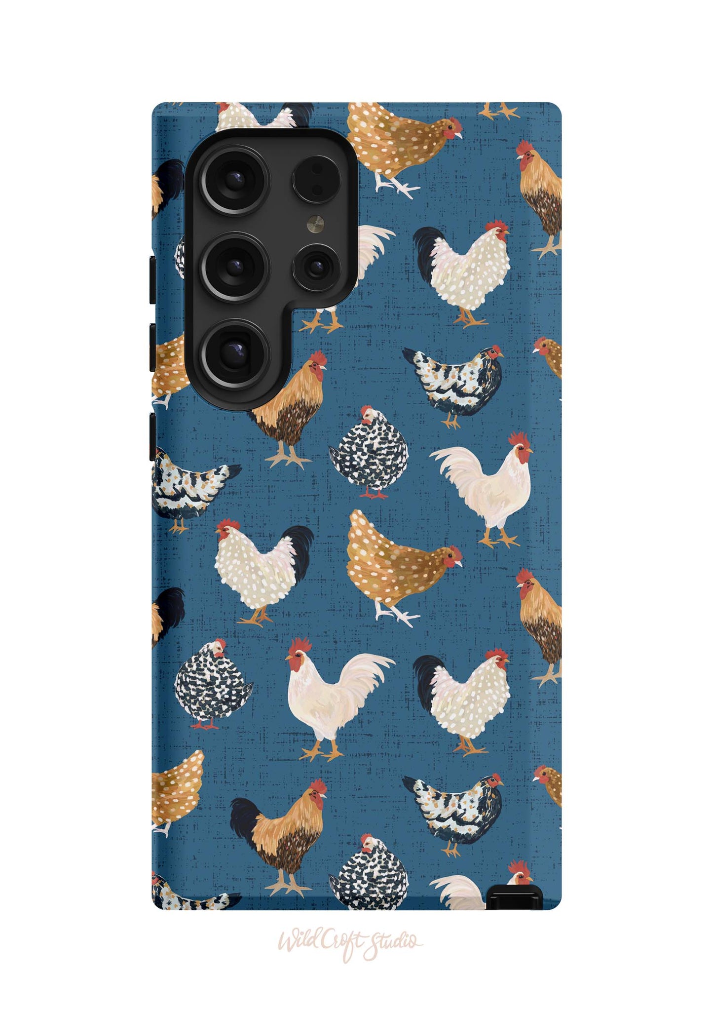 a blue phone case with chickens on it