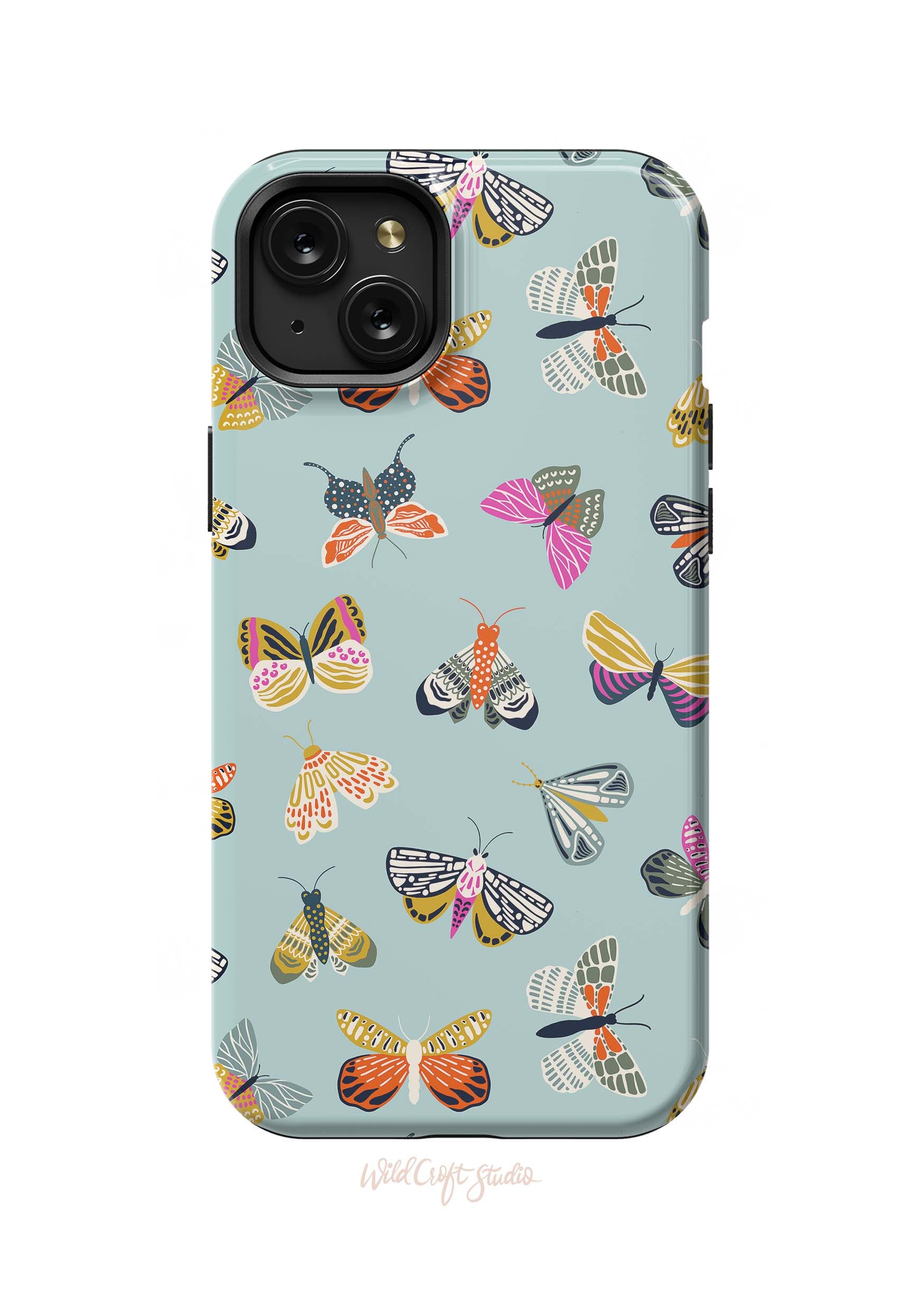 a blue phone case with colorful butterflies on it