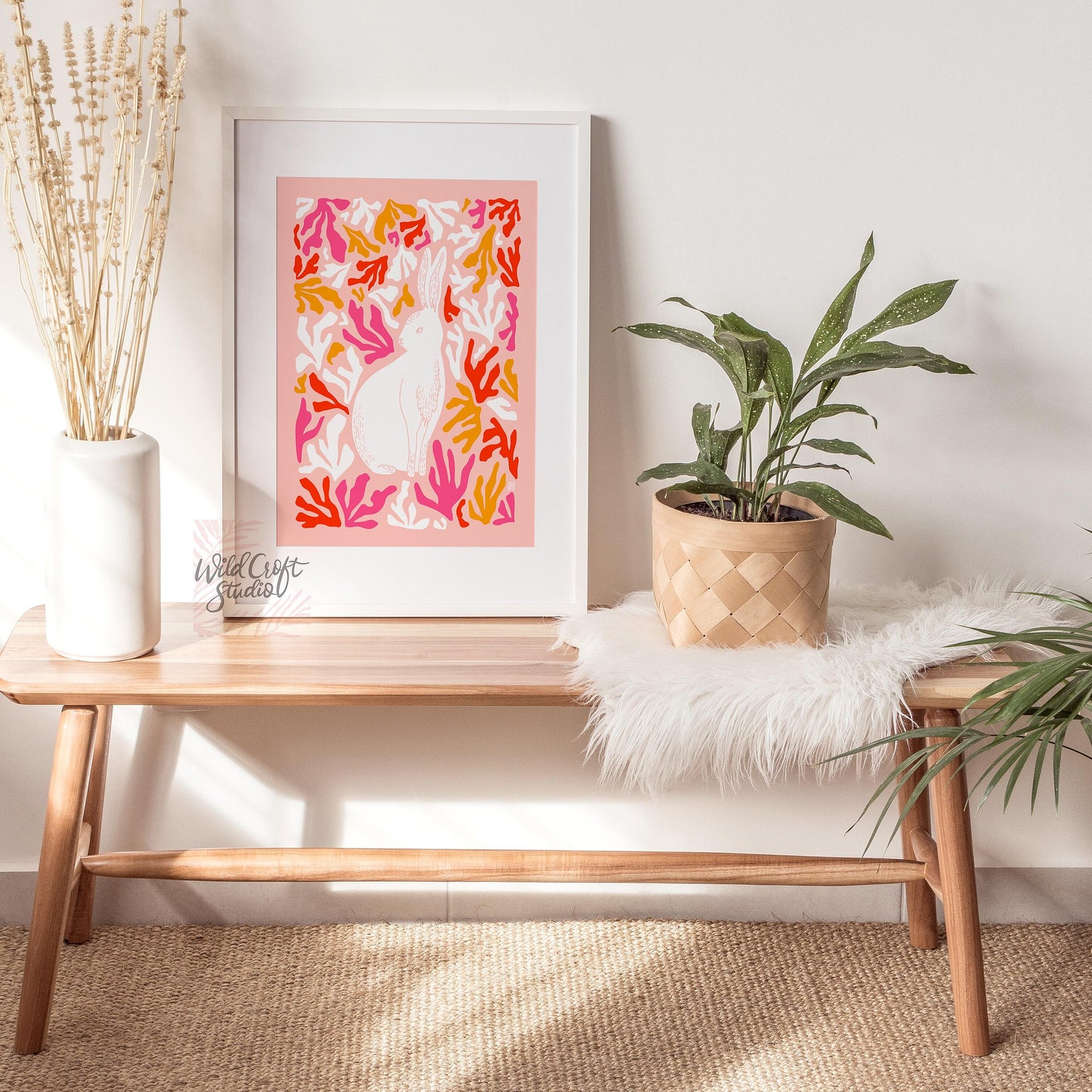 Pink + Peach + Red Matisse Style Bunny Art Print
