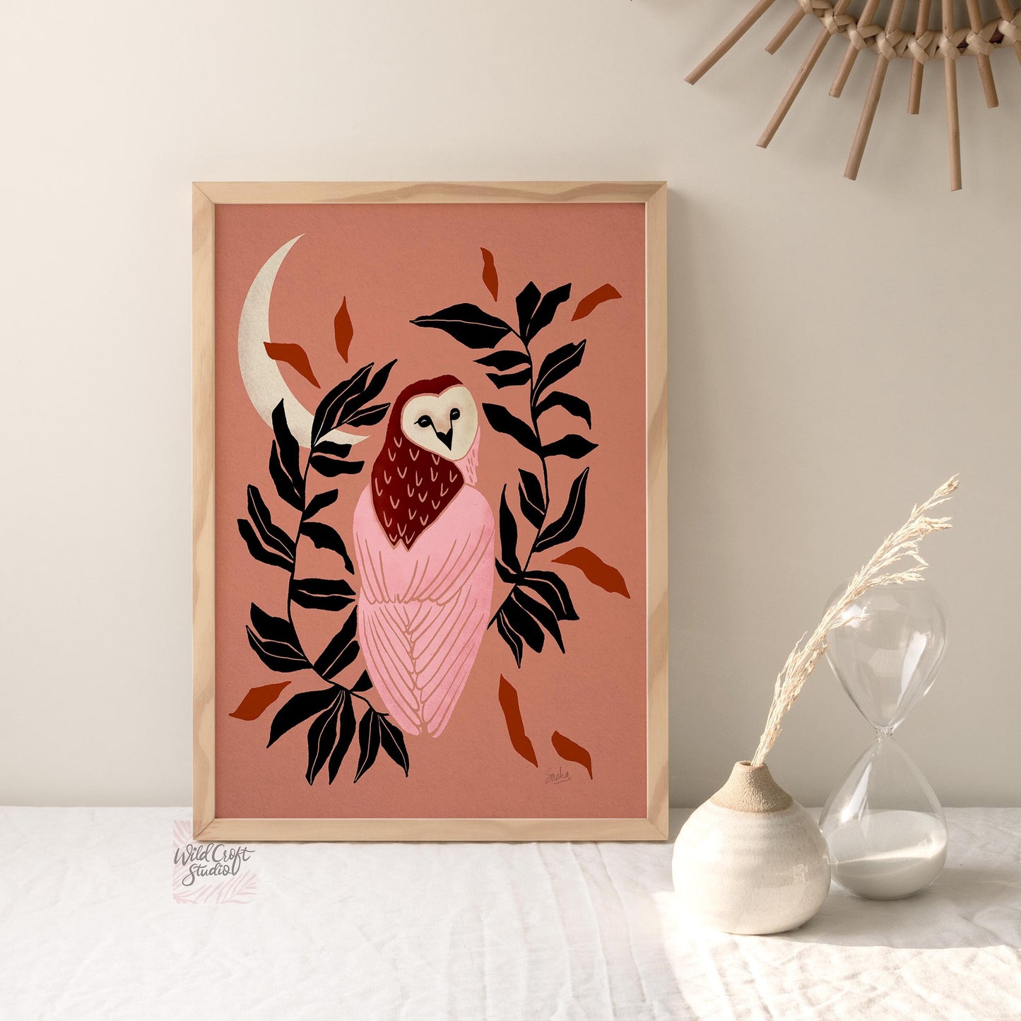 Pink and Brown Owl and Moon Art Print