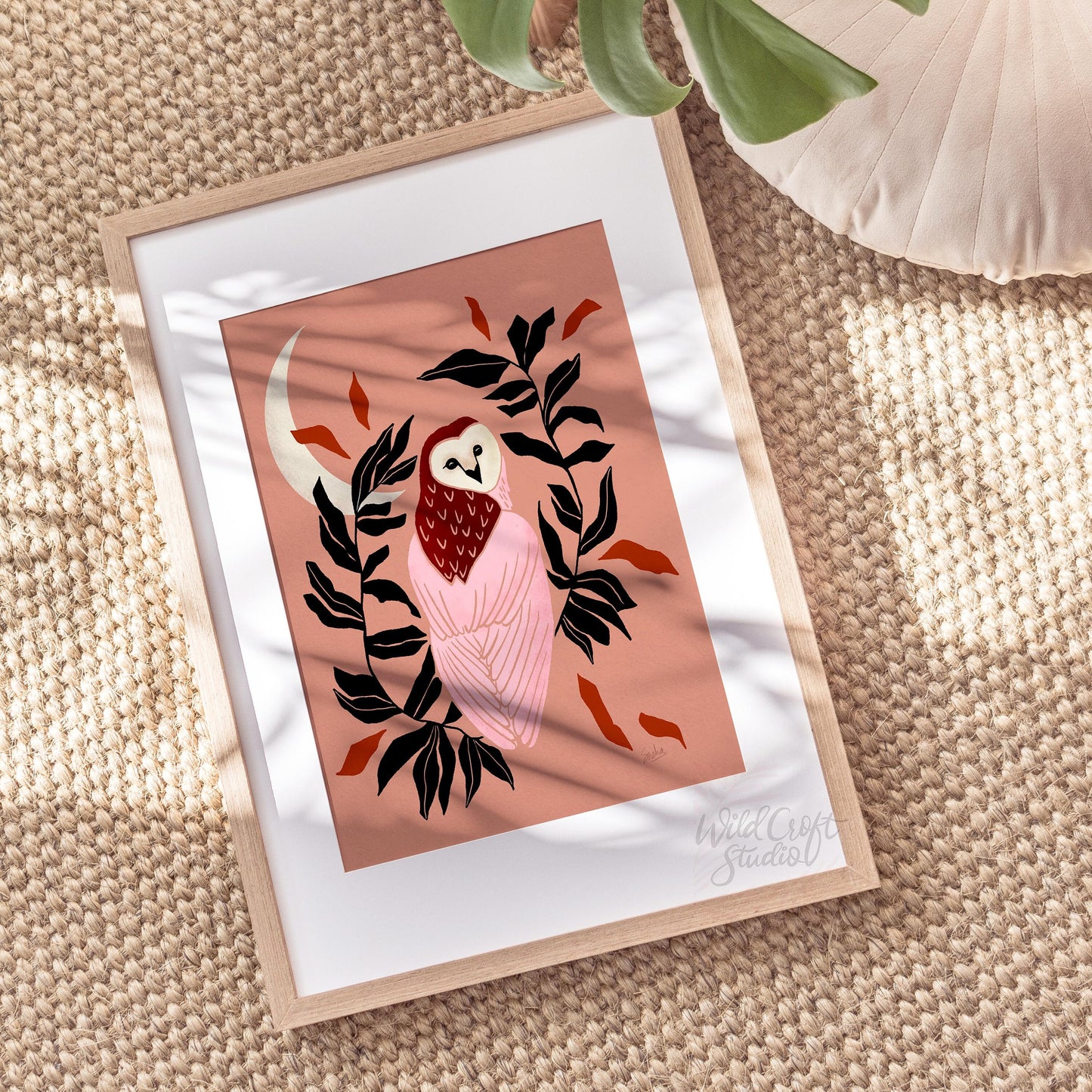 Pink and Brown Owl and Moon Art Print