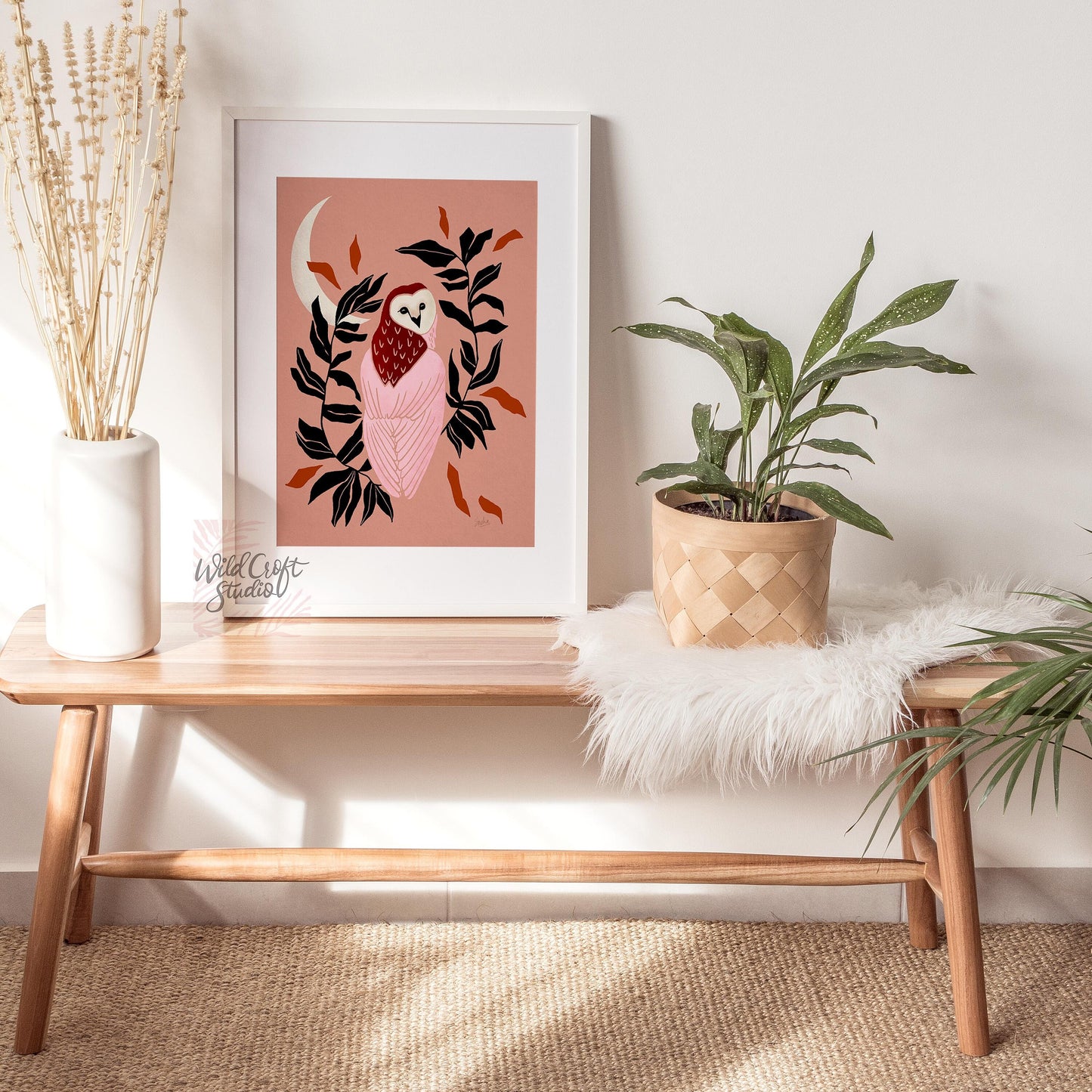 Pink and Brown Owl and Moon Art Print