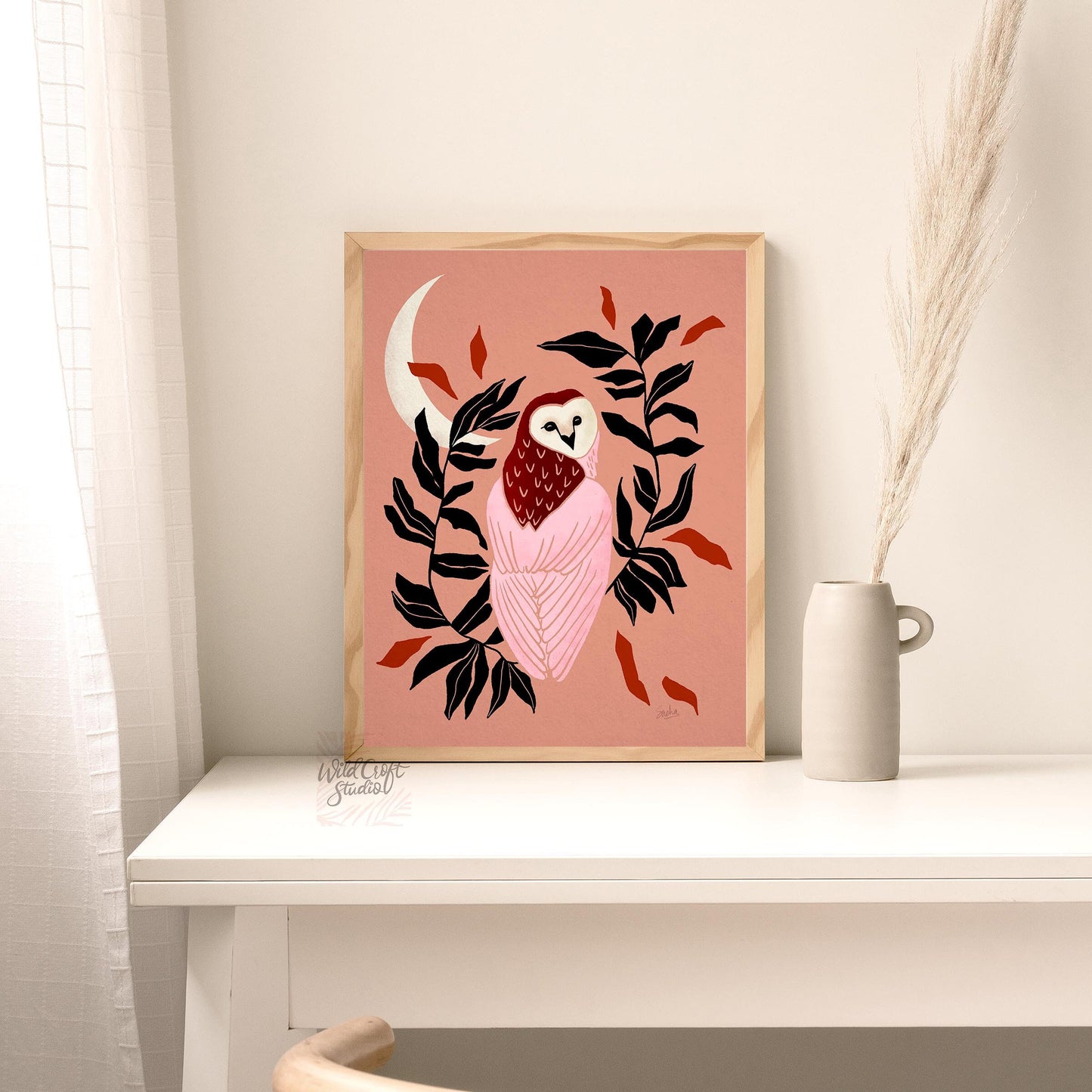 Pink and Brown Owl and Moon Art Print