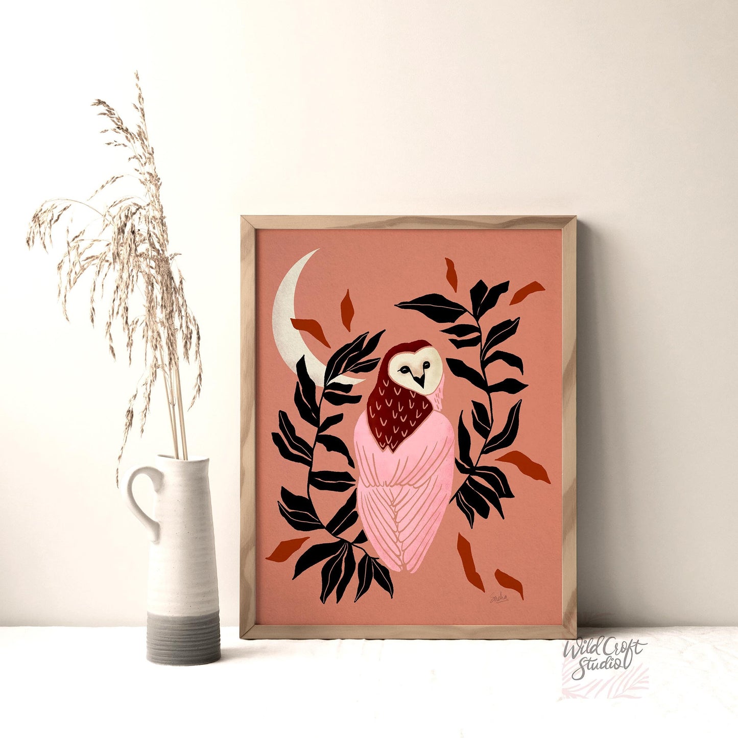 Pink and Brown Owl and Moon Art Print