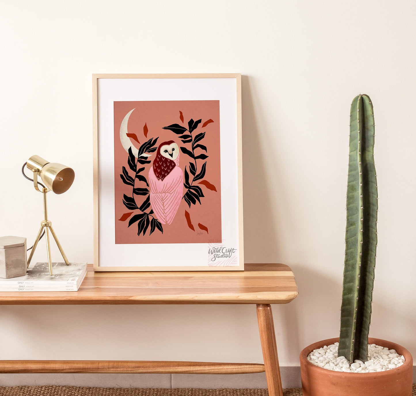 Pink and Brown Owl and Moon Art Print