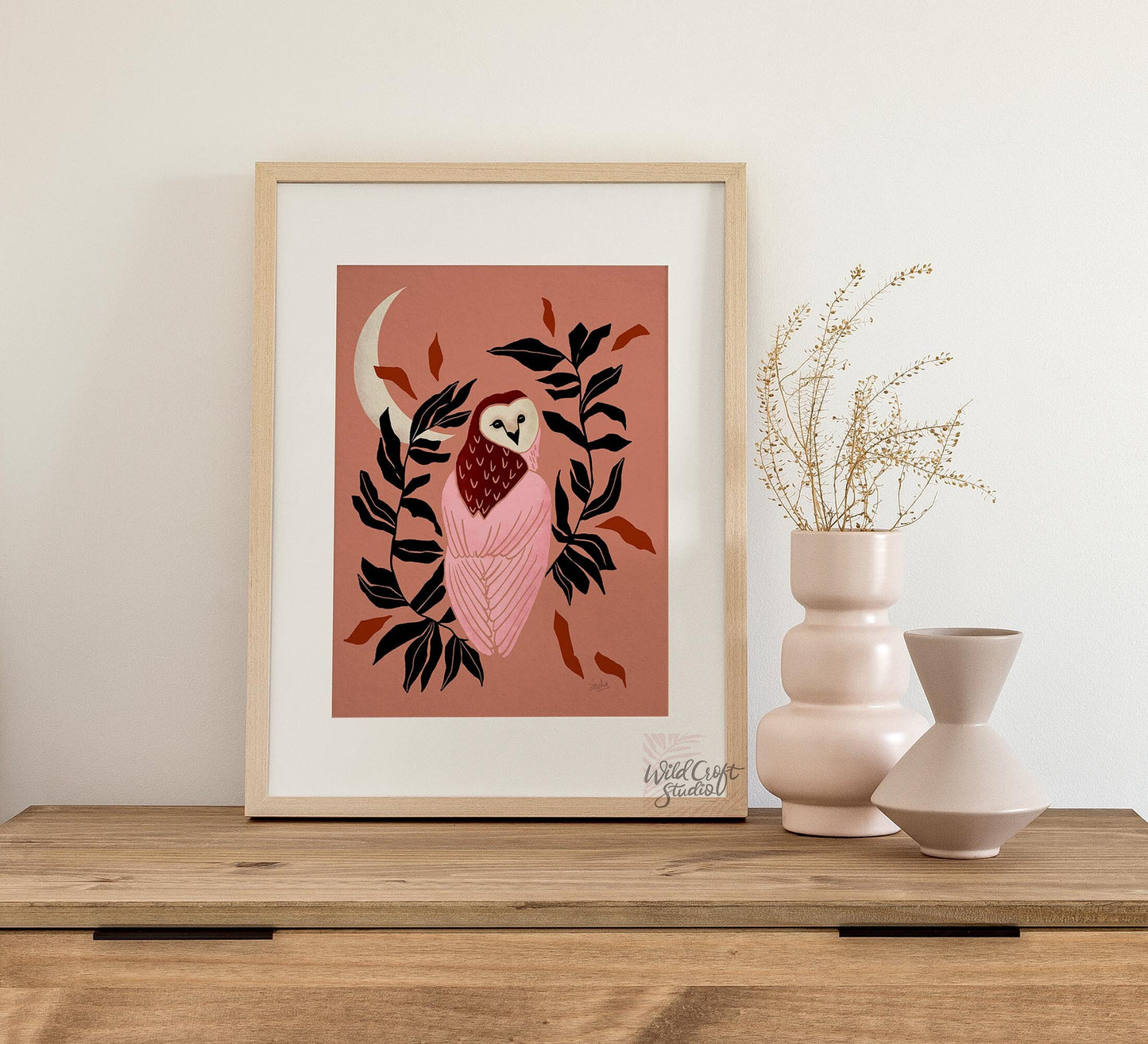 Pink and Brown Owl and Moon Art Print