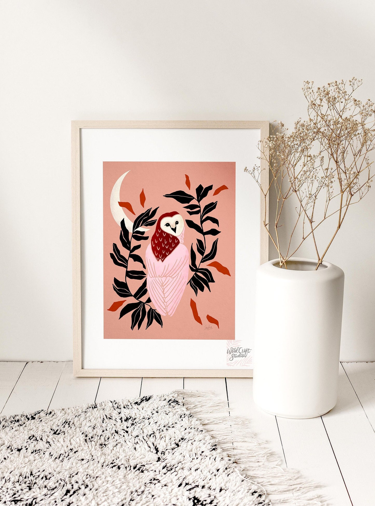 Pink and Brown Owl and Moon Art Print